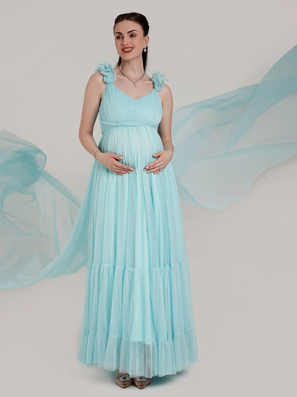 2 in 1 Blue Maternity Photoshoot Gown with Detachable Train