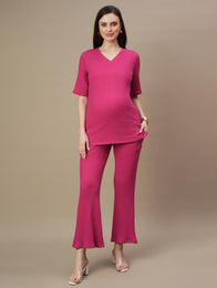 2pc. Maternity Ribbed Fuschia Top + Bootcut Pants Set