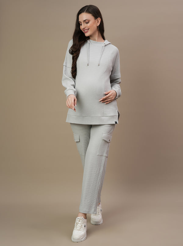 2pc. Maternity Waffle Hoodie Top + Straight Fit Pants Set