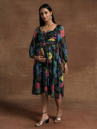 Black Floral Maternity Midi Dress