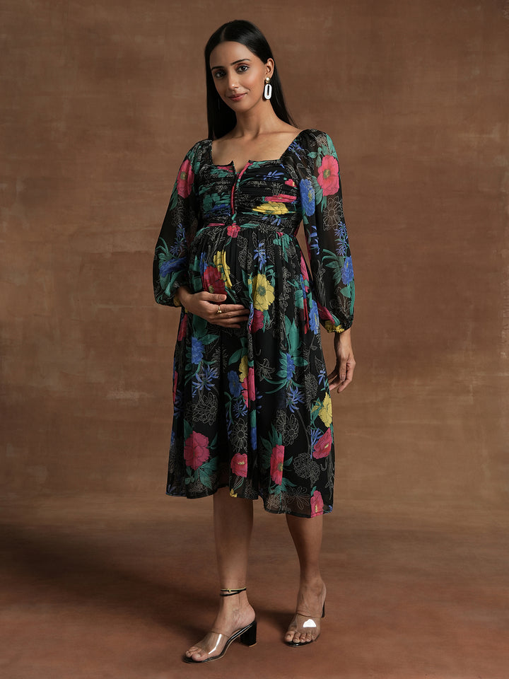 Black Floral Maternity Midi Dress