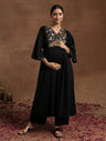 Black Maternity Kurta Set with Embroidered Yoke