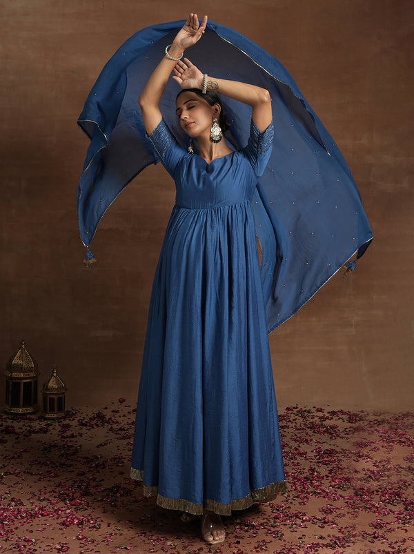 Blue Maternity Anarkali with Embellished Border & Dupatta