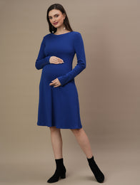 Blue Ribbed Maternity Flare Dress