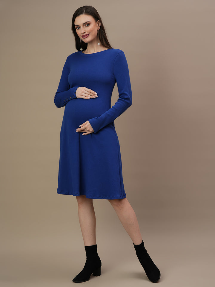 Blue Ribbed Maternity Flare Dress