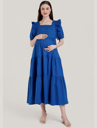 Blue Ruffle Sleeve Maternity Dress