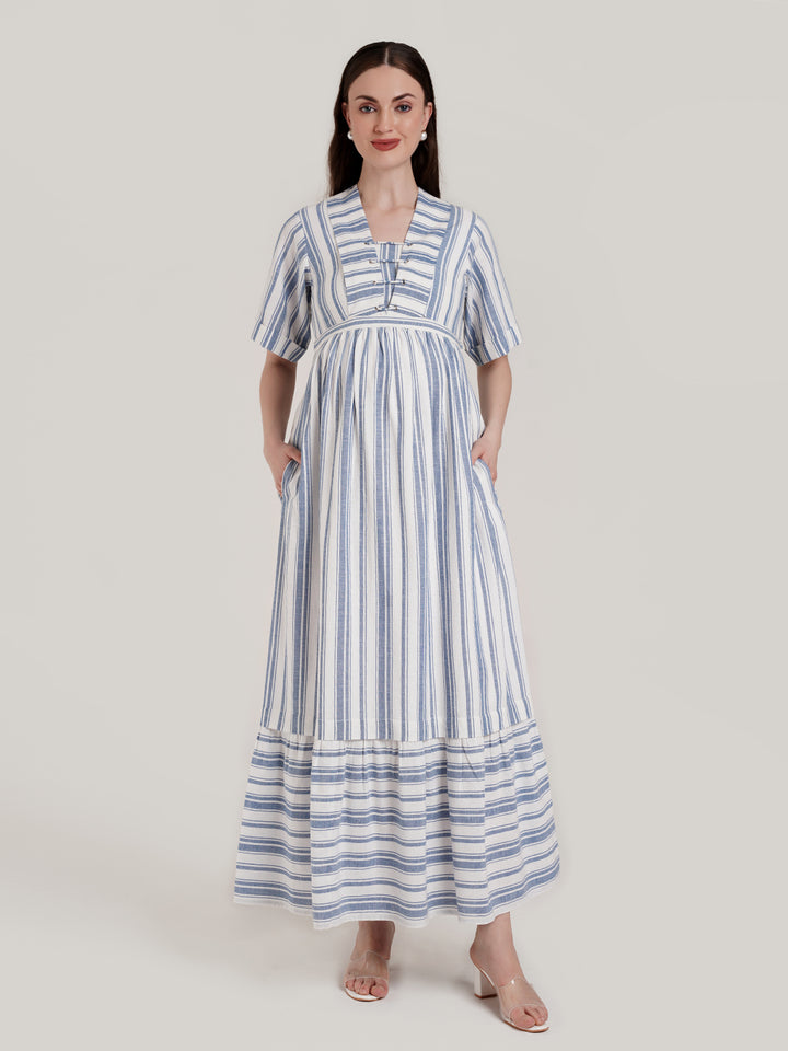 Blue and White Striped Maternity Dress