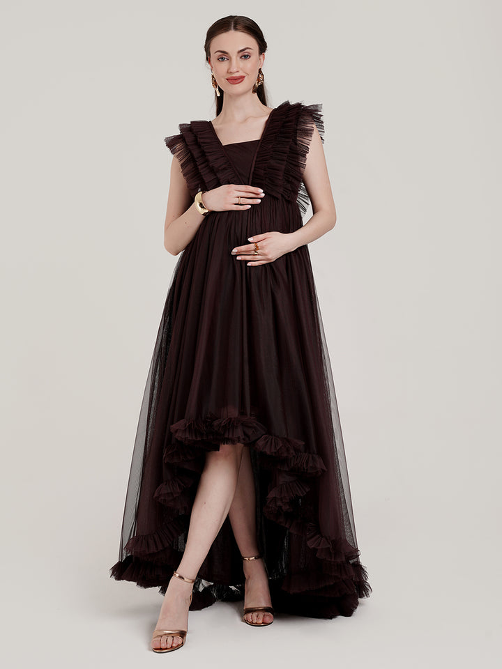 Brown Ruffle Maternity Gown