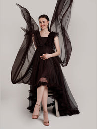 Brown Ruffle Maternity Gown with Detachable Trail