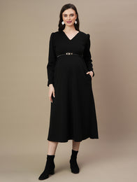 Fleece Maternity Winter Dress with Belt