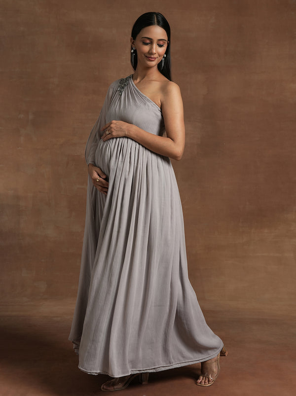 Grey One-Shoulder Maternity Gown