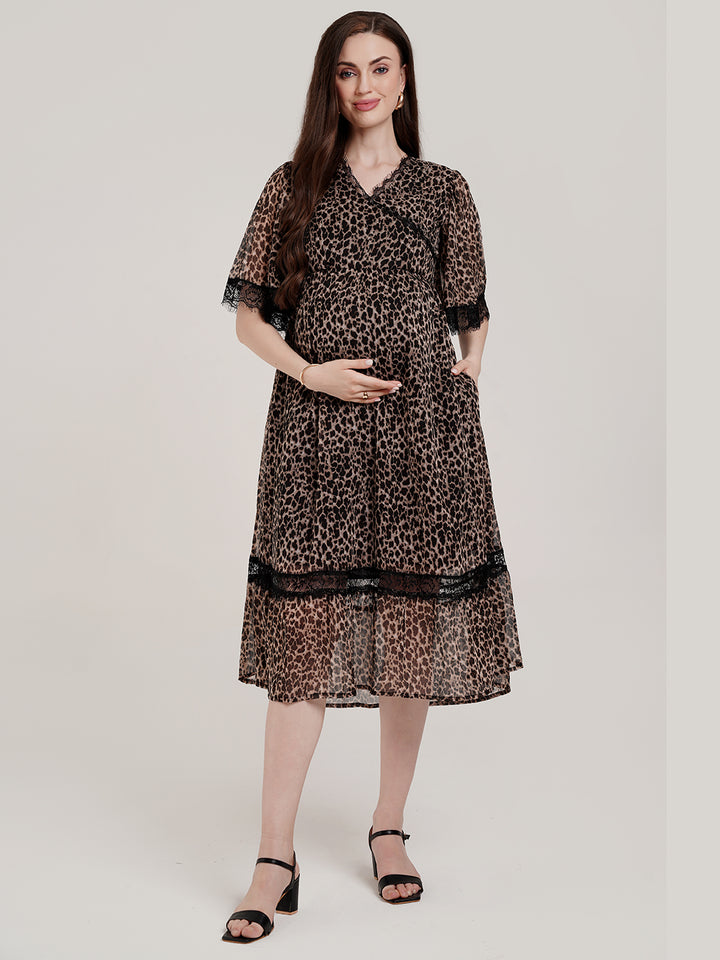 Leopard Print Maternity Midi Dress