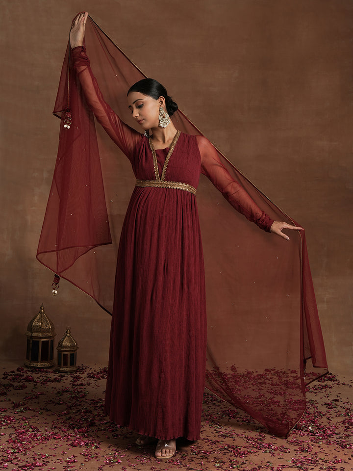 Maroon Maternity Anarkali with Embellished Yoke