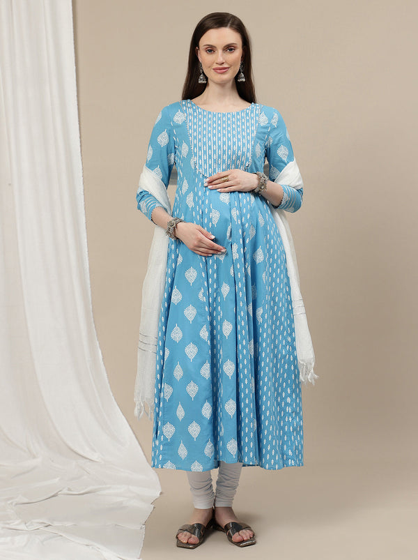 3pc. Maternity Anarkali Kurti + Churidar + Dupatta Set