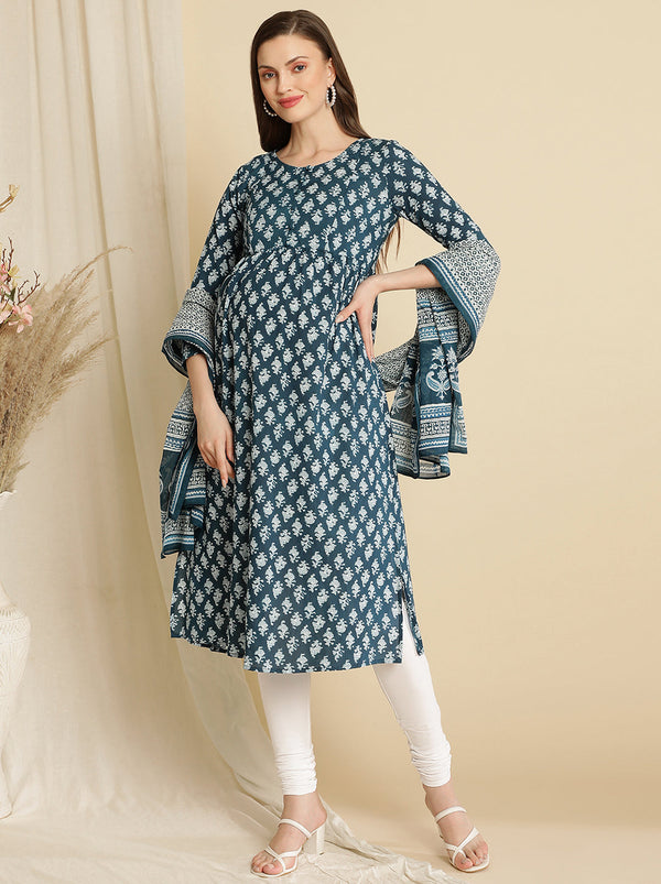 Maternity Blue Printed Kurta + Dupatta