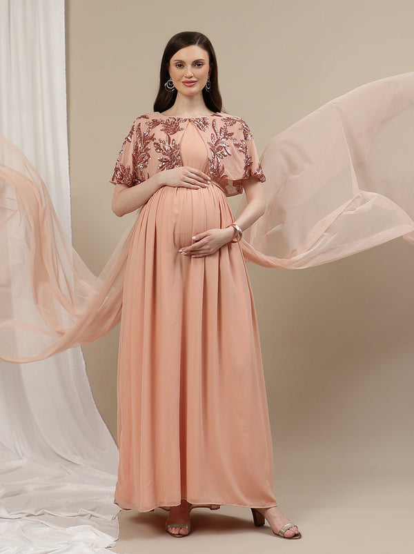 Maternity Cape Gown Dress with Trail