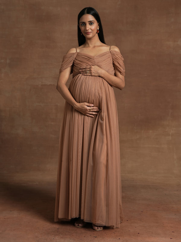 Mocha Off-Shoulder Maternity Gown