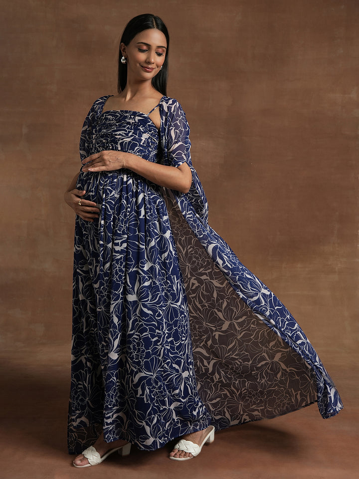 Navy Blue Floral Maternity Maxi Dress with Cape