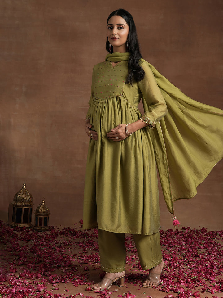 Olive Green Embroidered Maternity Kurta Set