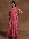 Pink Floral Maternity Gown with Ruched Sleeves