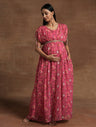 Pink Floral Maternity Gown with Ruched Sleeves