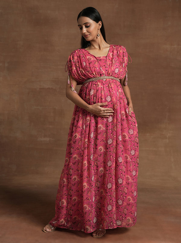 Pink Floral Maternity Gown with Ruched Sleeves