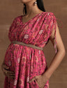 Pink Floral Maternity Gown with Ruched Sleeves