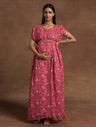 Pink Floral Maternity Gown with Ruched Sleeves