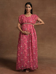 Pink Floral Maternity Gown with Ruched Sleeves