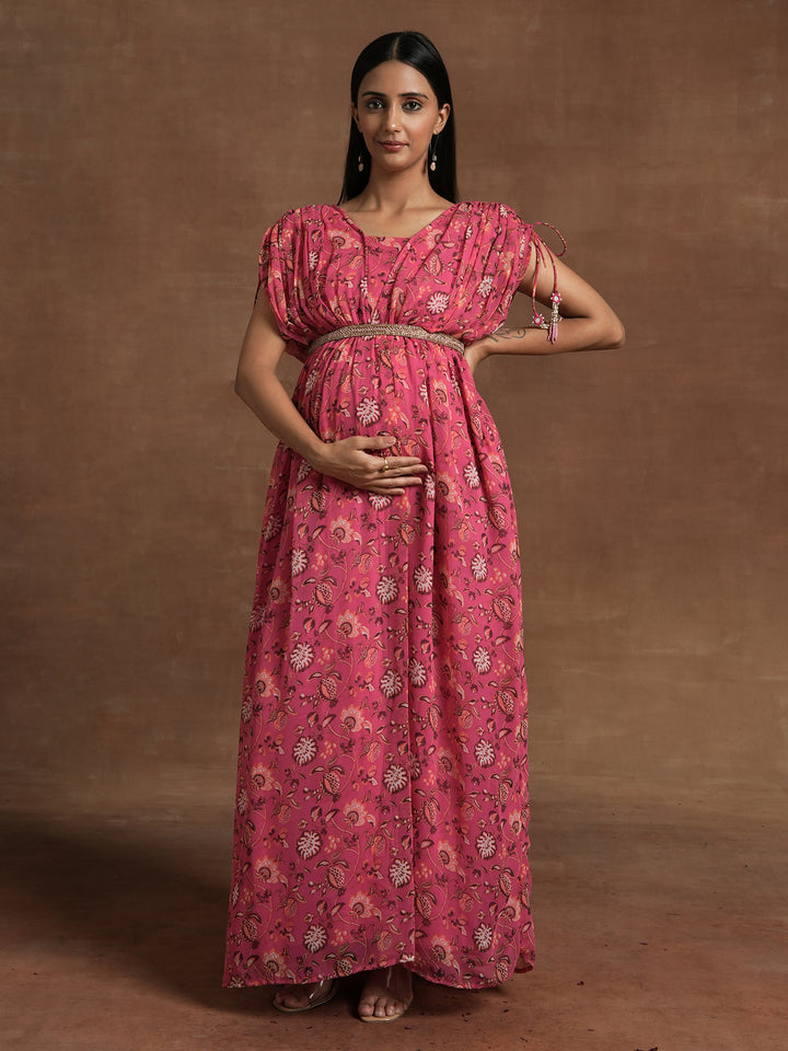 Pink Floral Maternity Gown with Ruched Sleeves