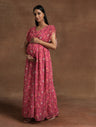 Pink Floral Maternity Gown with Ruched Sleeves