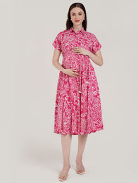 Pink Maternity Button Down Shirt Dress