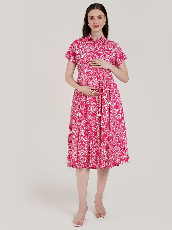 Pink Maternity Button Down Shirt Dress