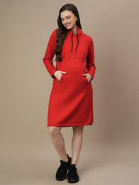 Red Maternity Hoodie Dress - Winter