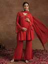 Red Maternity Kurta Set with Embellished Yoke