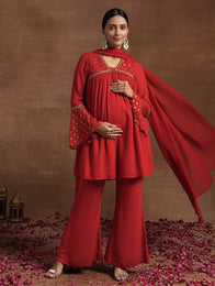 Red Maternity Kurta Set with Embellished Yoke