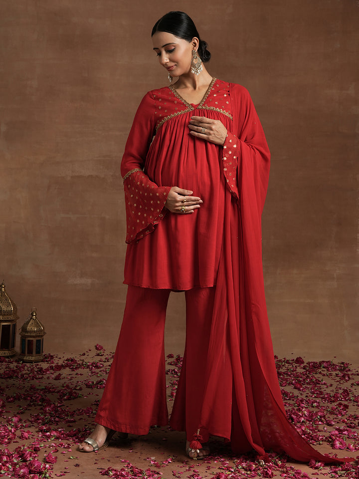 Red Maternity Kurta Set with Embellished Yoke