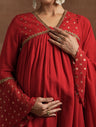 Red Maternity Kurta Set with Embellished Yoke