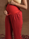 Red Maternity Kurta Set with Embellished Yoke