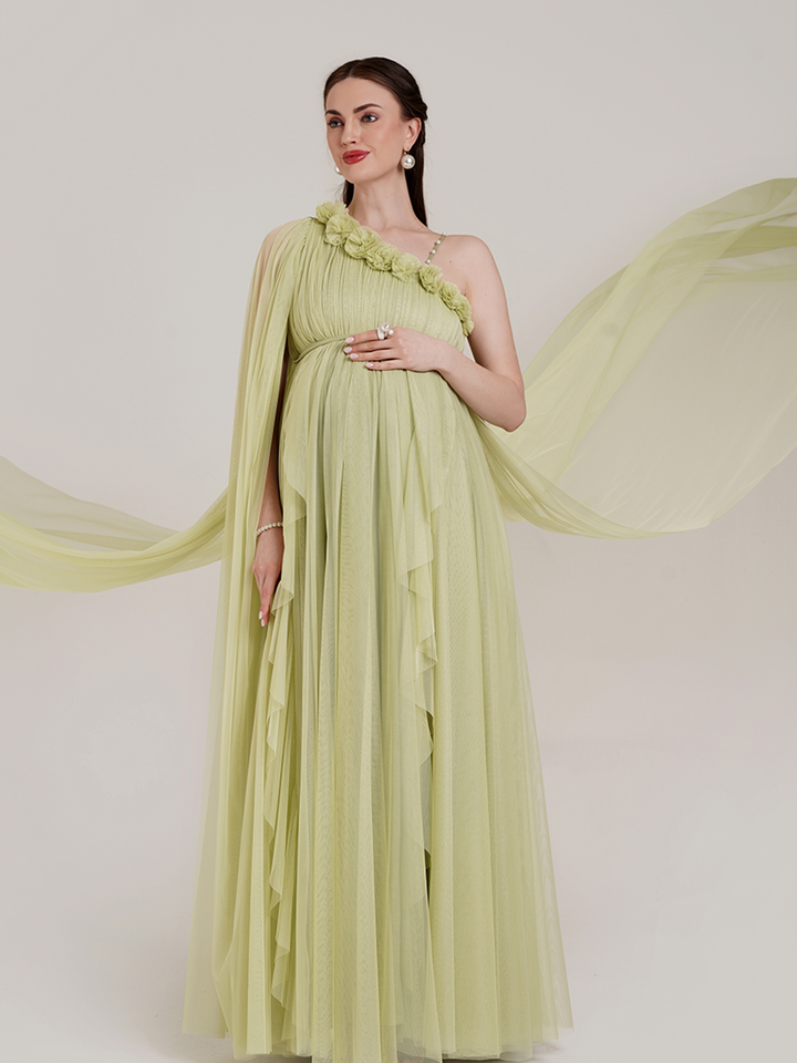 Ruffle Maternity Gown with Detachable Trail