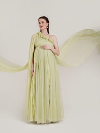 Ruffle Maternity Gown with Detachable Trail