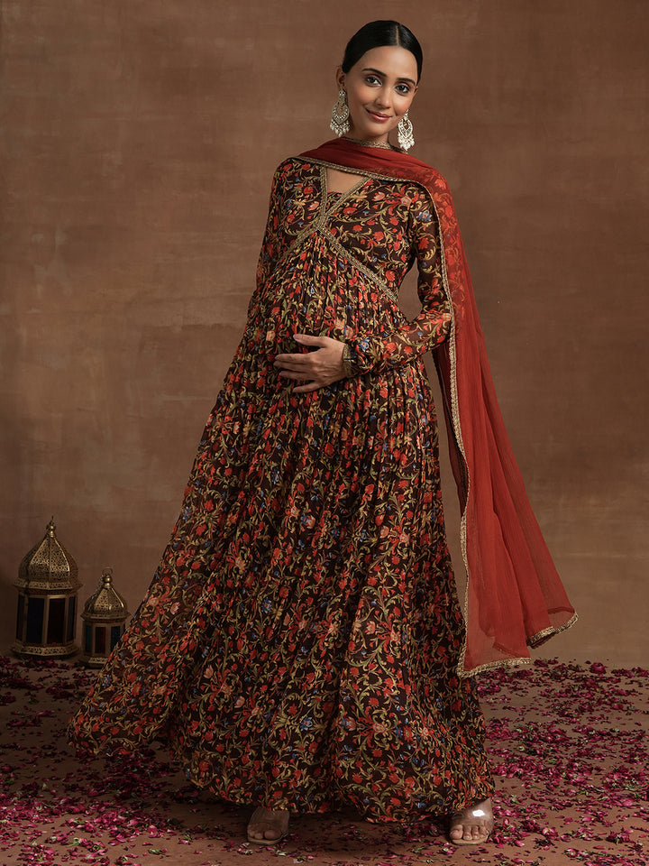 Rust Floral Maternity Anarkali with Dupatta