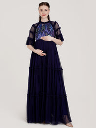 Blue Sequin Maternity Formal Dress