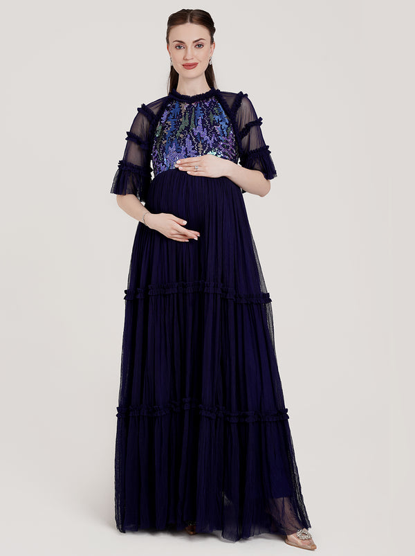 Blue Sequin Maternity Formal Dress