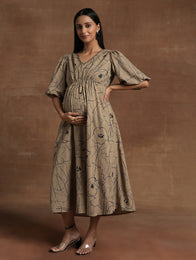 Taupe Floral Maternity Midi Dress