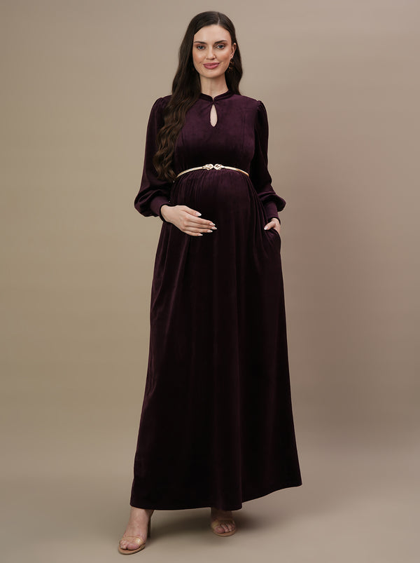 Velvet Maternity Gown with Belt