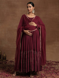 Wine Red Maternity Embellished Anarkali with Dupatta