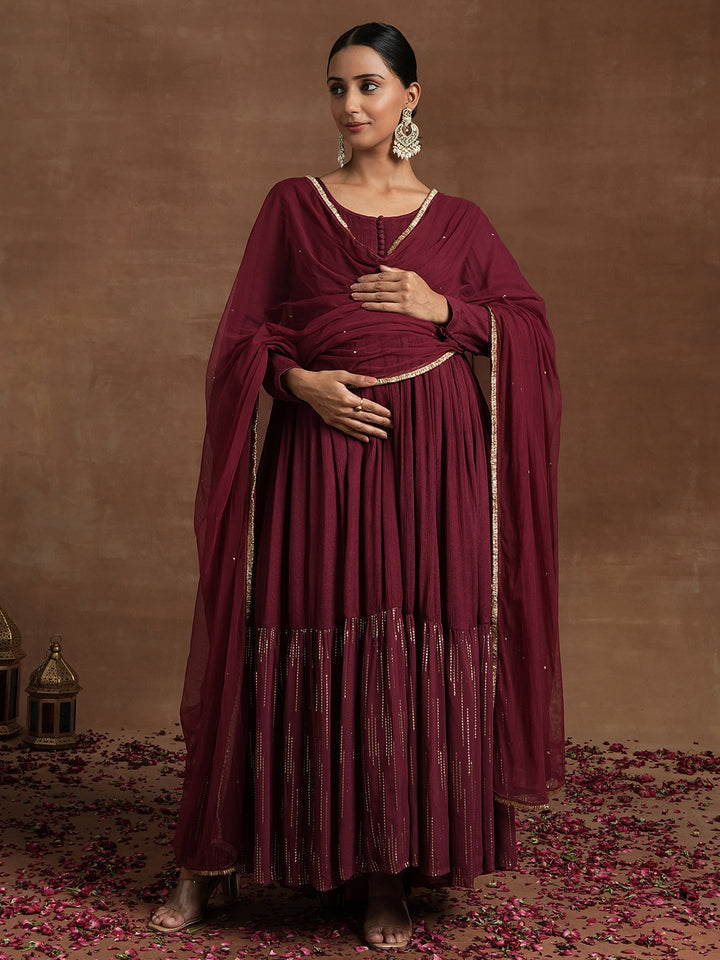 Wine Red Maternity Embellished Anarkali with Dupatta