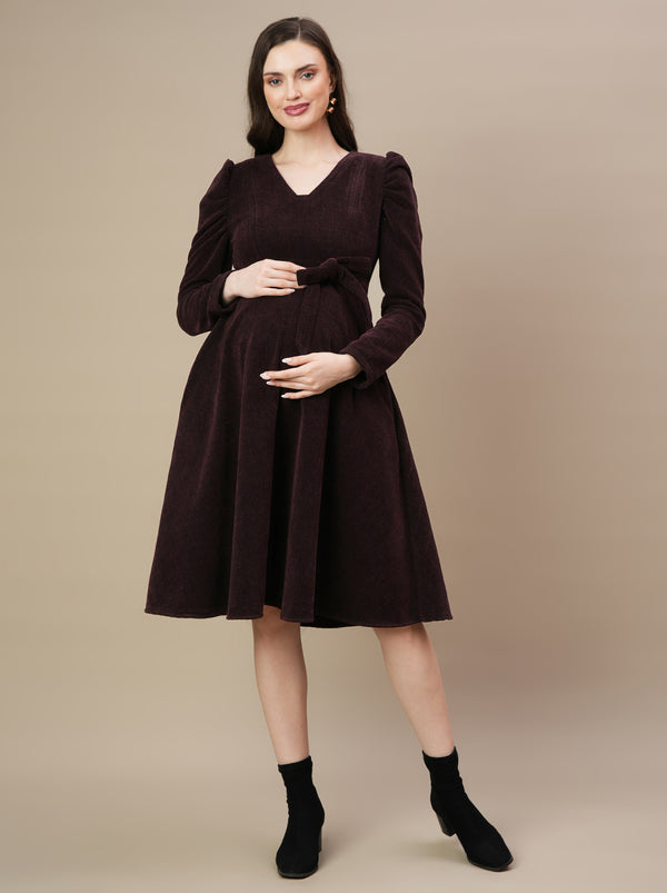 Woolen Maternity Midi Dress with Belt