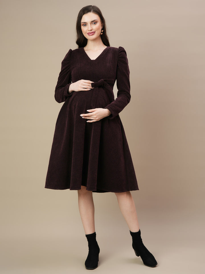 Woolen Maternity Midi Dress with Belt